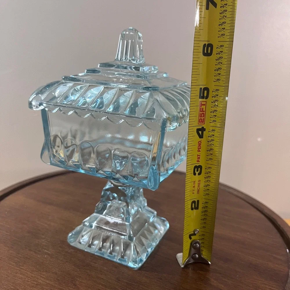 Vtg Jeanette Light Blue Aqua Pressed Glass Pedestal Wedding Cake Box Candy Dish